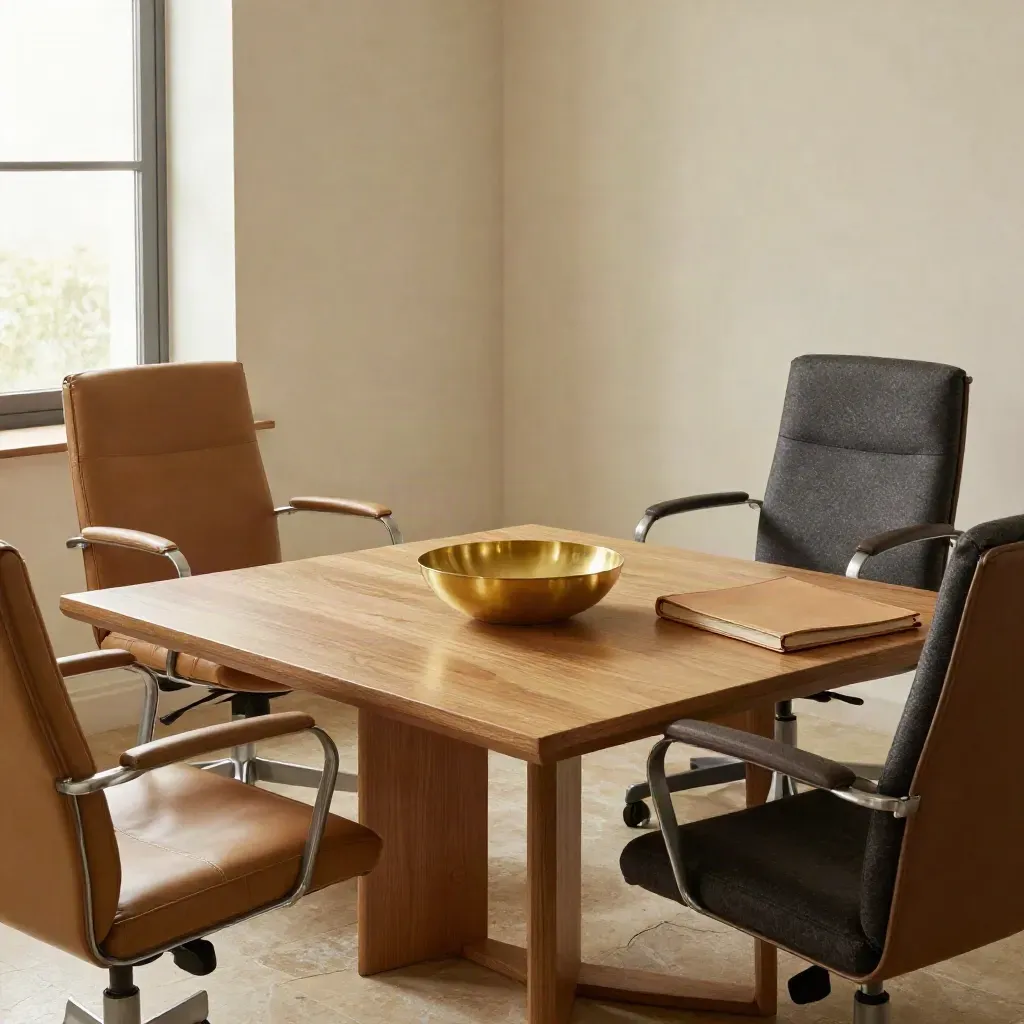 Lege vergaderruimte met drie stoelen, lage houten tafel en een brass bowl in zacht daglicht.