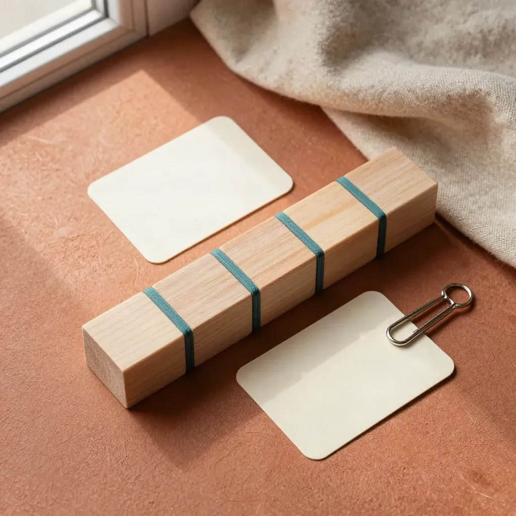 Bovenaanzicht van houten blokken, teal elastieken, kaarten en een metalen klem op linnen.