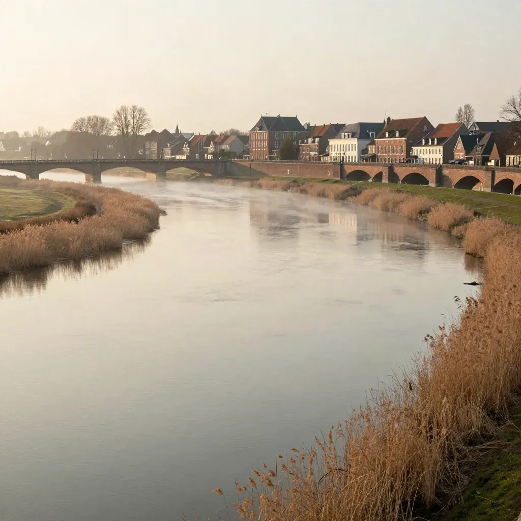 Waalbocht met bakstenen brug, stadsrand en mistig uiterwaardlandschap in warm avondlicht